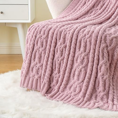 Battilo Pink Throw Blanket for Couch, Cable Knit Blanket, Soft Chenille Throw Blanket, Cozy Warm Blankets for Girls Daughter Women Gifts for Mom, 51"x67", Blush - color: Blush