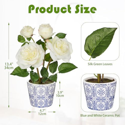Hollyone White Real Touch Roses Artificial Flowers in Vase Blue and White Porcelain Ceramic Pot 13.4" Fake Roses Flower Arrangement Artificial Plants & Flowers Potted Plant Faux Silk Rose Flower - color: Rose 3 - White (13.4inch)