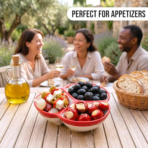 3-Compartment Ceramic Serving Dish, Handmade in Spain | 7.5” divided chip and dip bowl with lead-free glaze, microwave, oven and dishwasher safe, ideal for tapas, snacks and sauces - color: Cherry Bliss