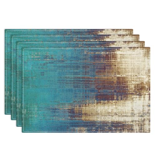 Emvency Farmhouse Placemats Set of 4, 12x18 Inch, Teal and Light Brown | Abstract Vintage Art Painting Table Mats for Outdoor Home Party Kitchen Dining Decoration - color: Abstract Teal Brown, size: Set of 4