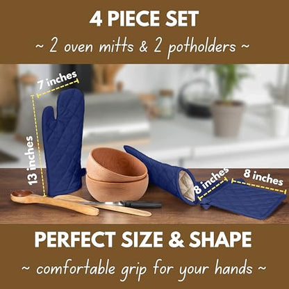 Native Fab 4 Piece Set - 2 Oven Mitts & 2 Potholders, Heat Resistant, 100% Cotton, Quilted Design, Non-Slip Grip, Machine Washable, Ideal for Baking, Cooking, BBQ, Kitchen Protection - Ink Blue - color: Indigo Blue