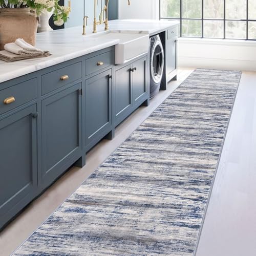 KOZYFLY Modern Abstract Washable Rug Runner 2.6x16 Hallway Rug Runner Non-Slip Soft Kitchen Runner Rugs, Grey-Blue Striped Carpet for Stair Entryway Bathroom Laundry Room Foyer - color: Blue-grey, size: 2'8" x 16' (Runner)