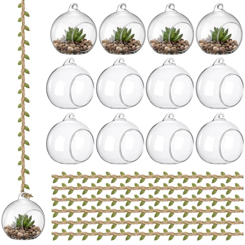 GlikCeil 13 Pcs Hanging Glass Orb Holders with Leaf Vine Ribbon, 3.15 Inch Glass Terrarium Globes for LED Tea Lights, Air Plants, LED Floating Candles, Wedding, Party and Home Decor (Clear) - color: Clear