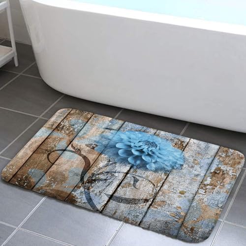 Farmhouse Floral Flower Bath Mat, Dahlia Rustic Wooden Plank Country Barn Wood Blue Flower Non-Slip Flannel Soft Doormat Floor Entryways Outdoor Indoor Front Door Mat, (17X29) - color: Blue, size: 1'5" x 2'5" (Rectangular)