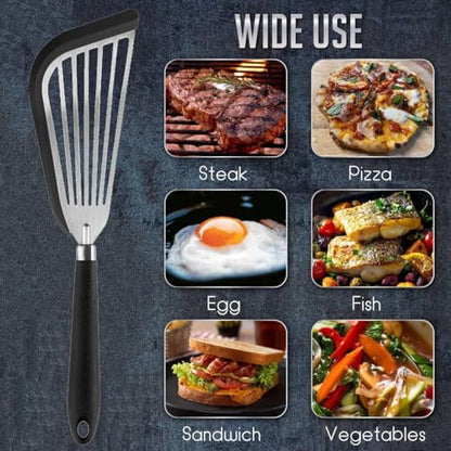 Stainless-Steel Slotted Flex Fish Turner, Set of 2, Kitchen Spatulas for Nonstick Cookware, Cooking Utensils for Flipping Eggs & Pancakes, Heat-Resistant, BPA Free, Dishwasher Safe, Black
