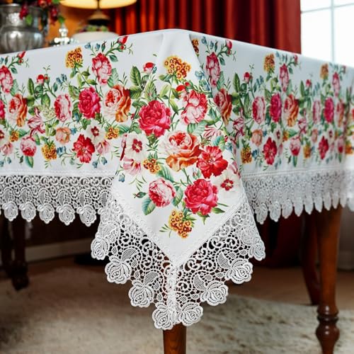 SUTAVIA White Tablecloths Rectangular 60"x120" Embroidery Rose Lace | Vintage Country Waterproof Table Cloth Farmhouse Decoration Washable Table Cover for Home Holiday Party Dining Table - color: White, size: 120" x 60" (Rectangular)