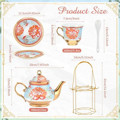 Zhehao 20 Pcs Porcelain Tea Set with Metal Holder and Spoon Adult Ceramic Tea Set European Flower Painting Teapot Cup Saucer Spoon for Women Mom Gift, Large Version (Retro Style) - color: Retro Style
