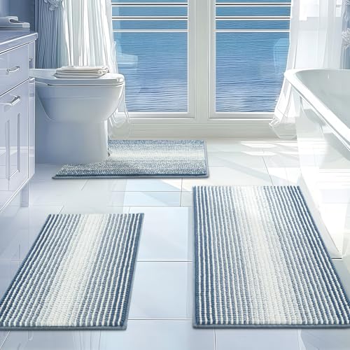 Bathroom Rugs Sets 3 Piece, Toilet Rugs U-Shaped Contour Bath Mat Set, Striped Absorbent Non Slip Chenille Shower Mat, Fog Blue - color: Fog Blue, size: 20"x32"+16"x24"+U Shape 20"x24"