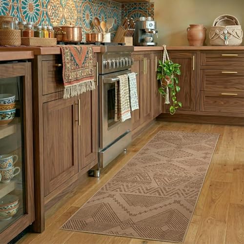 jinchan 2x6 Faux Jute Runner Rug Washable Boho Hallway Rug, Natural Taupe | Southwestern Geometric, Non-Slip Low Pile, Indoor Outdoor, High-Traffic, Kitchen, Bathroom, Laundry, Porch, Balcony, Entryway - color: Natural Taupe, size: 2' x 6' (Rectangular)
