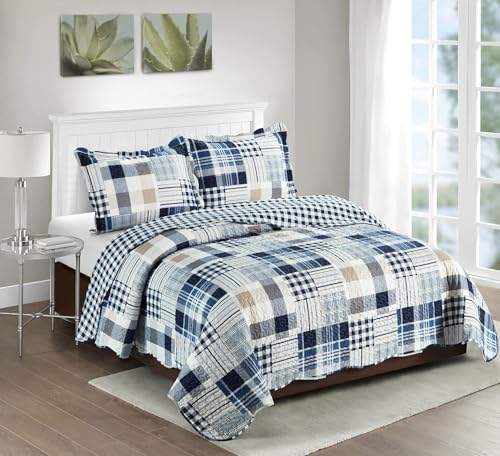 Brilliant Sunshine Multi Blue Plaids & Stripes Pillowshams Set, 20"x26"+2" | Patchwork Design, Quilted Standard Pillowcases, Washable Scallop Edge Pillow Covers, Pack of 2 - color: Blue, size: 20 x 26 inches
