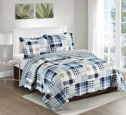 Brilliant Sunshine Multi Blue Plaids & Stripes Pillowshams Set, 20"x26"+2" | Patchwork Design, Quilted Standard Pillowcases, Washable Scallop Edge Pillow Covers, Pack of 2 - color: Blue, size: 20 x 26 inches
