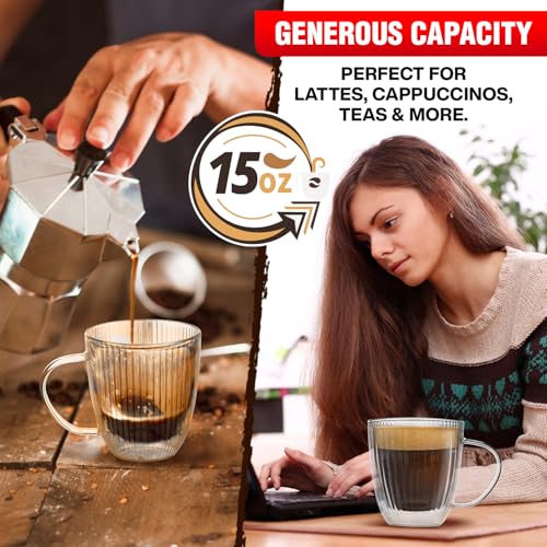 Jayour Fluted Double-Wall Glass Coffee Mugs | 15oz Latte & Cappuccino Mugs | Modern Ribbed Design - Set of 4
