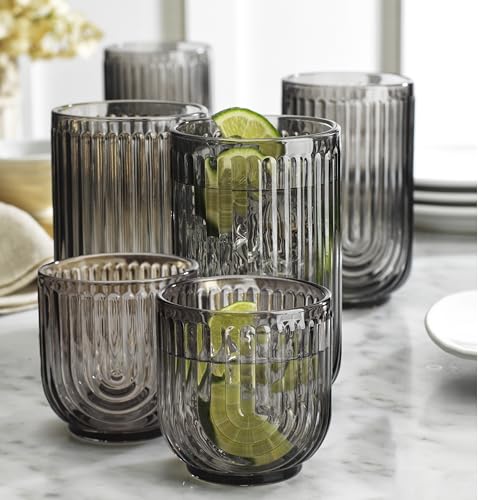 Glaver's 8 Piece Smoke Glassware Set, Art Deco Black Drinking Glasses, Ribbed U-Shape Design, 4 Highball 17oz and 4 Whiskey 11oz DOF Arch Drinkware - style: Smoke S/8 17oz 11oz
