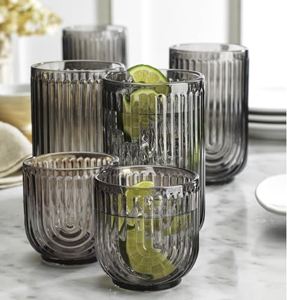 Glaver's 8 Piece Smoke Glassware Set, Art Deco Black Drinking Glasses, Ribbed U-Shape Design, 4 Highball 17oz and 4 Whiskey 11oz DOF Arch Drinkware - style: Smoke S/8 17oz 11oz