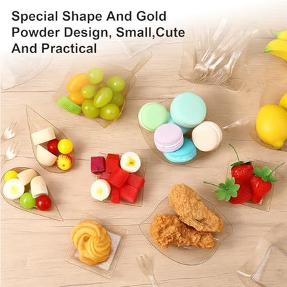 200 Pcs Mini Appetizer Plates Dessert Cups Set, Plastic Party Trays | Disposable Tasting Serveware for Weddings Events Birthday, Gold,6 Shapes with 50 Spoons 50 Forks 100 Plates,Lightweight