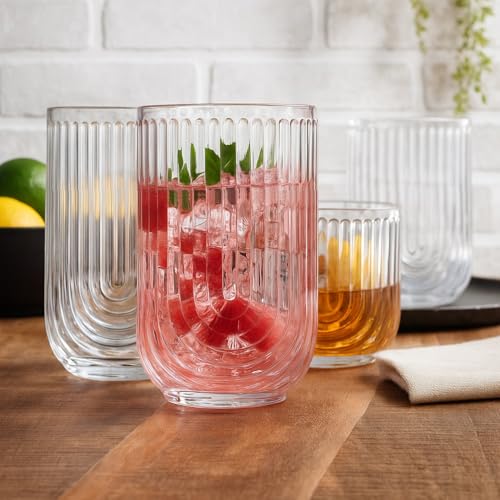 Glaver's 16-Piece Drinking Glass Set, Art Deco Ribbed Arch Design, Clear U-Shape Glassware, 17oz Highball and 11oz DOF Glasses - style: Clear S/16 17oz 11oz