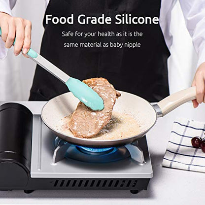 U-Taste 600℉ Heat Resistant Food Grade Non Stick Firm Cooking Tongs Set of 3, and 600ºF Heat Resistant 11.38in Flexible Non-Stick Spatula & Spoon Spatula Set of 2 (Aqua Sky)