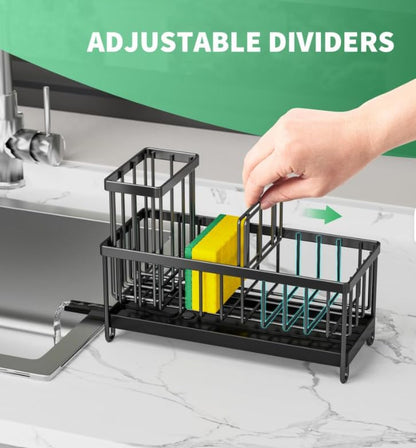 Kitchen Sink Organizer, Large Sink Caddy with Drain Tray, Stainless Steel Sponge Holder, Dish Cloth Rack, Brush Holder, Rustproof Countertop Kitchen Organizer
