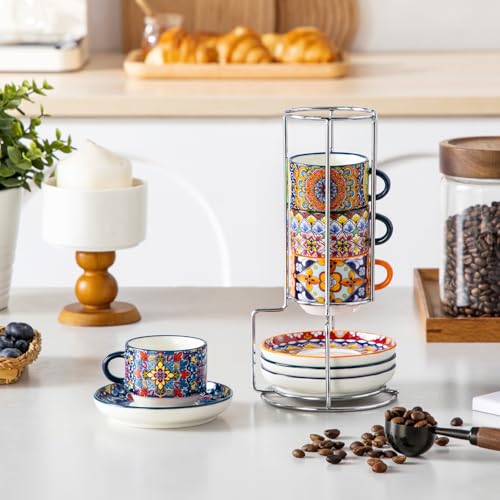 vancasso 2.5 Oz Stackable Espresso Cup Set of 4, Ceramic with Saucers | Microwave and Dishwasher Safe, Easy Clean, For Cappuccino, Tea, Latte, and Espresso, Bohemian Design with Metal Display Stand - size: 2.5 Oz