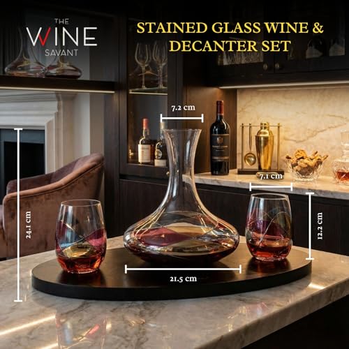 Artisanal Hand-Painted Decanter & Stemless Wine Glasses Set – Mother’s Day, Wife, Mom, or Friends – Romantic Stained Glass Windows, 2-Piece Set – Birthday or Housewarming Gift Idea - style: Decanter & Stemless Wine Glasses Set