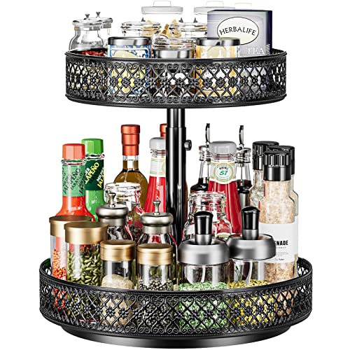 2 Tier Lazy Susan Organizer - Adjustable Rotating Spice Rack 12 inch | Floral Turntable Lazy Susan for Cabinet Pantry Kitchen Countertop Table Top Cupboard Bathroom Vanity Storage Metal Black - color: 2 Tier Black