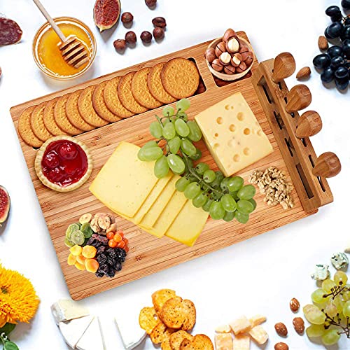 Widousy Bamboo Cheese Board Set, Cheese Tray, Charcuterie Board and Serving Meat Platter with 4 Stainless Steel Cheese Knives, Ideal for Wedding Gifts Christmas Birthday Party (14''x11'')