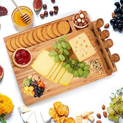 Widousy Bamboo Cheese Board Set, Cheese Tray, Charcuterie Board and Serving Meat Platter with 4 Stainless Steel Cheese Knives, Ideal for Wedding Gifts Christmas Birthday Party (14''x11'')