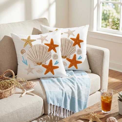 Moukeren 2 Pcs Seashell Starfish Throw Pillow Cover 18 x 18 Inch Summer Coastal Nautical Embroidered Decorative Pillow Cases Beach Ocean Square Cushion Cover for Sofa Couch Bedroom Decor Gift - style: Starfish Shells