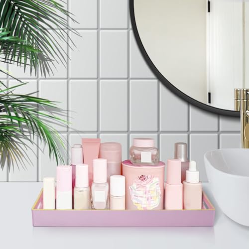 Pink Bathroom Tray, Rectangular Toilet Tank Trays with Handles | Narrow Countertop Trays, Long Toilet Tank Trays, Perfume Organizer Trays for Dresser, Kitchen Counter, 13.8" x 6" x 1.57" - color: Pink