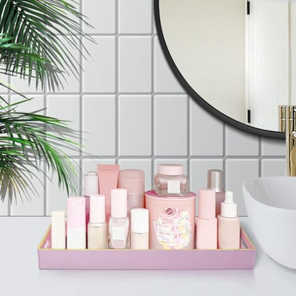 Pink Bathroom Tray, Rectangular Toilet Tank Trays with Handles | Narrow Countertop Trays, Long Toilet Tank Trays, Perfume Organizer Trays for Dresser, Kitchen Counter, 13.8" x 6" x 1.57" - color: Pink