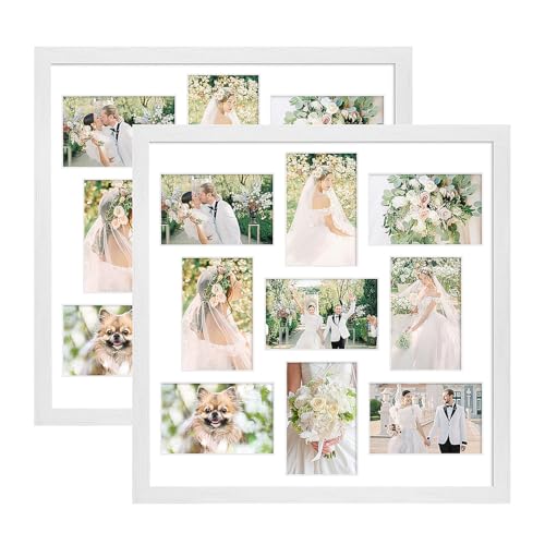 17x17 Collage Frame with 9 Openings 4X6 Pictures, Multiple Picture Frame with Mat, Wall or Tabletop Decor, White Wood Grain,2 Pack - color: White, size: 17x17-(9 open4x6)-2P
