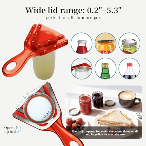 Jar Opener for Weak Hands & Seniors with Arthritis, Easy Twist-Off Lid & Bottle Opener, Ergonomic Handle with Stainless Steel Teeth, Practical Kitchen Gift for Elderly, Women & Men (0.2–5.3 in, Red) - color: Red