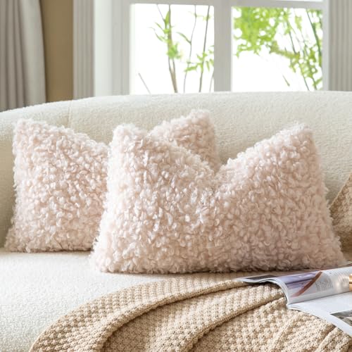 2 Pieces 12x20 Inch Apricot Beige Faux Fur Lumbar Throw Pillow Covers Boucle Decorative Sherpa Pillow Covers Thick Fuzzy Fleece Pillowcases Cushion Covers for Sofa Couch Bed Living Room - color: Apricot Beige, size: 20" x 12" (Pack of 2)