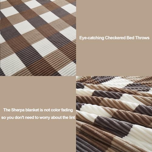 PU MEI Sherpa Blanket Full/Queen Plaid Thick Bed Blanket, 90”*80” Super Soft Flannel Fuzzy Fleece Reversible Velvet Plush Warm Blanket for Couch(Beige Check, 80"*90") - color: Beige Check, size: 80"*90"