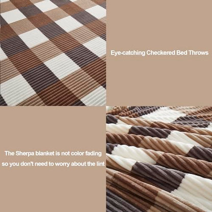 PU MEI Sherpa Blanket Full/Queen Plaid Thick Bed Blanket, 90”*80” Super Soft Flannel Fuzzy Fleece Reversible Velvet Plush Warm Blanket for Couch(Beige Check, 80"*90") - color: Beige Check, size: 80"*90"