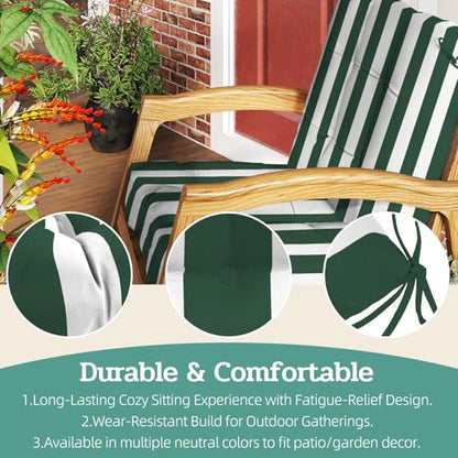 Outdoor Chair Cushions 42x21x4 Inch Set of 2, Dark Green Stripe | Patio Cushions for Dining Rocking Chairs, High Back Soft Seat Pad with Ties, Waterproof Fade Resistant, Indoor Outside Use - color: Dark Green White Stripes