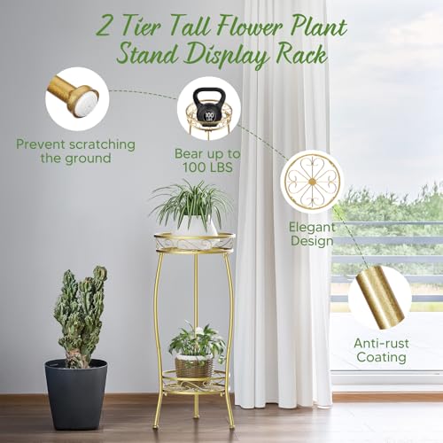H HOMEXIN Plant Stand Indoor- 2 Tier Metal Tall Plant Stand 26.5" Flower Stand Holder Heavy Duty Rustproof Plant Shelf Rack for Corner Garden Patio Lawn Balcony office Outdoor