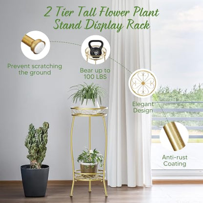 H HOMEXIN Plant Stand Indoor- 2 Tier Metal Tall Plant Stand 26.5" Flower Stand Holder Heavy Duty Rustproof Plant Shelf Rack for Corner Garden Patio Lawn Balcony office Outdoor