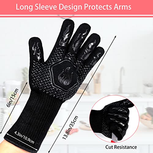 BBQ Gloves 1472F Heat Resistant Non-Slip Silicone 13.5in (Black) | Grill Cut-Resistant, Oven Kitchen Safe for Barbecue, Cooking, Frying - color: Black