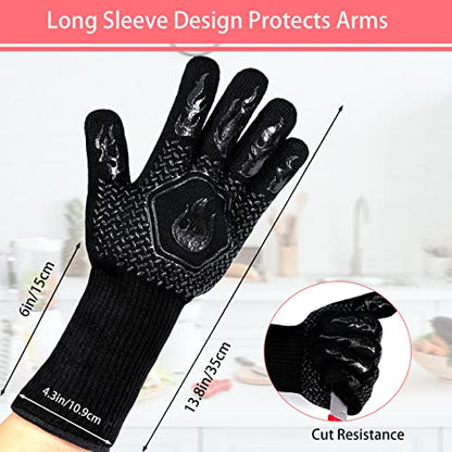 BBQ Gloves 1472F Heat Resistant Non-Slip Silicone 13.5in (Black) | Grill Cut-Resistant, Oven Kitchen Safe for Barbecue, Cooking, Frying - color: Black