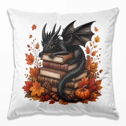 Fall Dragon Bookish Pillow Cover 18x18, Book Lover Reader Gifts | Fantasy Black Dragon Reading Autumn Leaves Decorative Throw Pillow Cover for Home Library Reading Room Bedroom - color: 24color