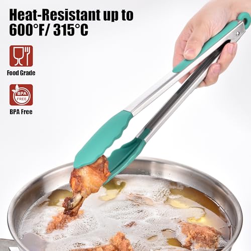 Doosu 12in Kitchen Tong for Cooking - 600°F Heat Resistant Food Tong with Non-Scratch Silicone Tips & 3-Piece Silicone Spatula Set Kitchen Food Grade BPA Free Baking Supplies Cooking Tools (Aqua Sky)
