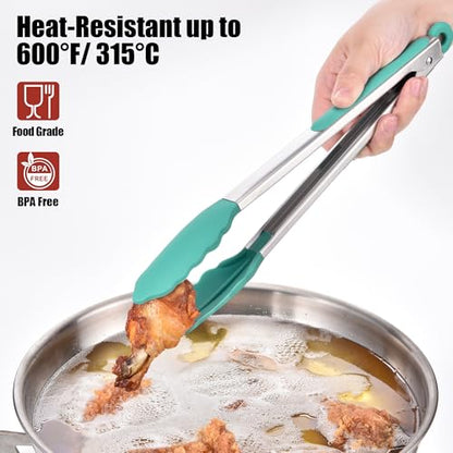 Doosu 12in Kitchen Tong for Cooking - 600°F Heat Resistant Food Tong with Non-Scratch Silicone Tips & 3-Piece Silicone Spatula Set Kitchen Food Grade BPA Free Baking Supplies Cooking Tools (Aqua Sky)
