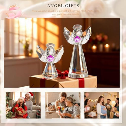 2pcs Crystal Angel Figurines Gift For Mom Art Glass Guardian Angel Statues | Christmas Angel Ornament,Home Room Decor Collectibles Memorial Gifts For Mom Women (4.5''and 3'') - style: Angel with Purple Flower-2pcs
