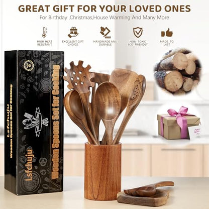 Wooden Kitchen Utensil Set,10 Piece Natural Teak with Spoon Rest & Hooks | Wooden Cooking Utensils with Comfort Grip, Smooth Durable Heat Resistant Cooking Spoons and Utensils Holder for Cooking