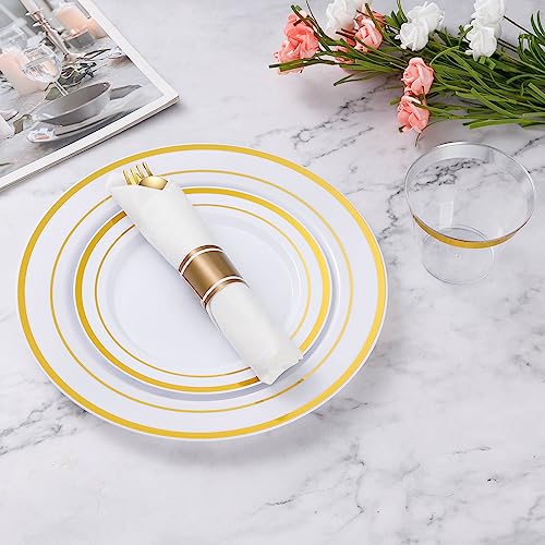 490 Piece Gold Plastic Dinnerware Set for 70 Guests | Disposable Dinnerware Includes: 70 Dinner Plates, 70 Dessert Plates, 70 Pre Rolled Napkins with Silverware, 70 Cups - color: Gold, style: 490 Piece (70 guests)