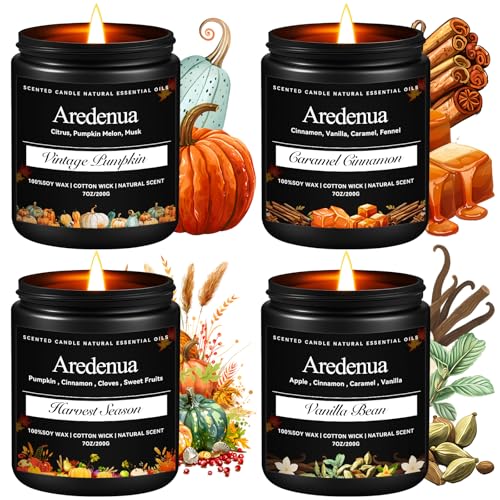 Fall Candles Set, 4 Pack, Soy Candles for Home Scented | 28 oz Autumn Candle Scent of Cinnamon, Vanilla, Harvest, Pumpkin, Seasonal Gift for Fall Home Décor, 200 Hour Burn Time - color: Black, size: Black Fall2
