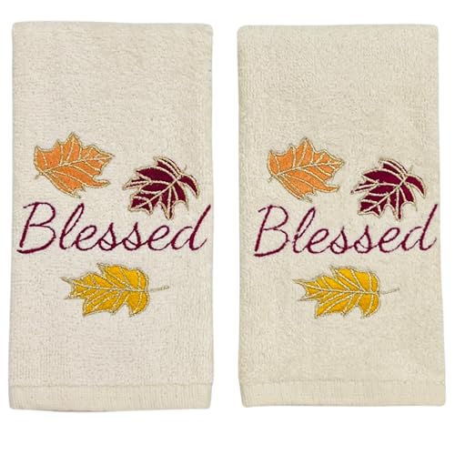 Autumn Fall Bath Fingertip Towels, Ivory Cream Off White, 100% Cotton, Embroidered Leaf Blessed Design, Stitched Border, 2 Piece Set - color: Leaf Blessed