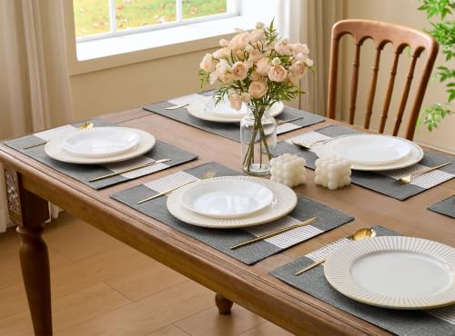 Wracra Linen Placemats Set of 4, Black Macrame Place Mats for Kitchen Table | Stripe Placemats 12 x 18 Inch; Heat Resistant Table Mats; Premium Cotton Linen Woven Fabric; Delicate Splicing Designs - color: Black, size: 12×18 Inch (Set of 4)