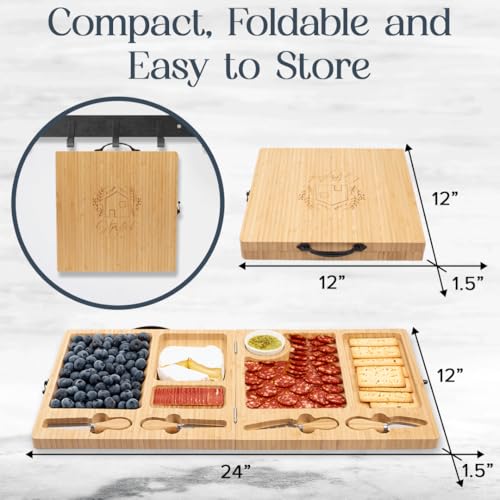 Large Bamboo Charcuterie Board with Magnetic Knife Set | Wooden Cheese Platter, Foldable, House Warming Gifts, New Home, Wedding Gifts - color: Classic